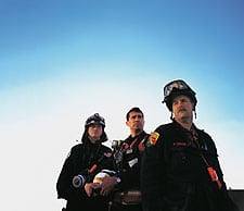 Left to right: physican Bill Trolan, caver Carl Levon Kustin, and wildland firefighter Bob Tooker after an exhausting shift Photo: James Rexroad